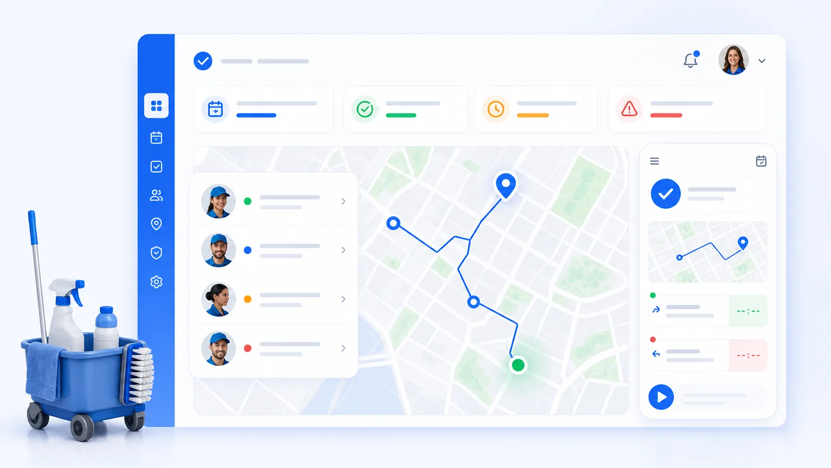 Panel de fichajes con mapa, entradas, salidas y equipo