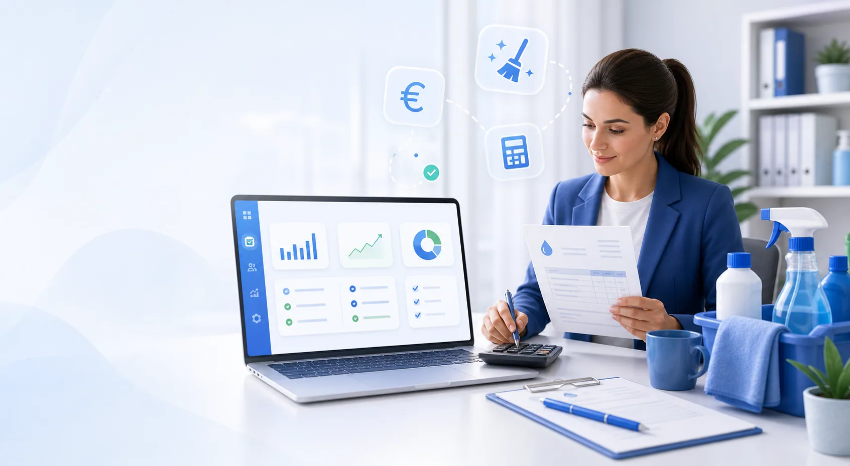 Responsable calculando un presupuesto de limpieza con panel operativo y material profesional