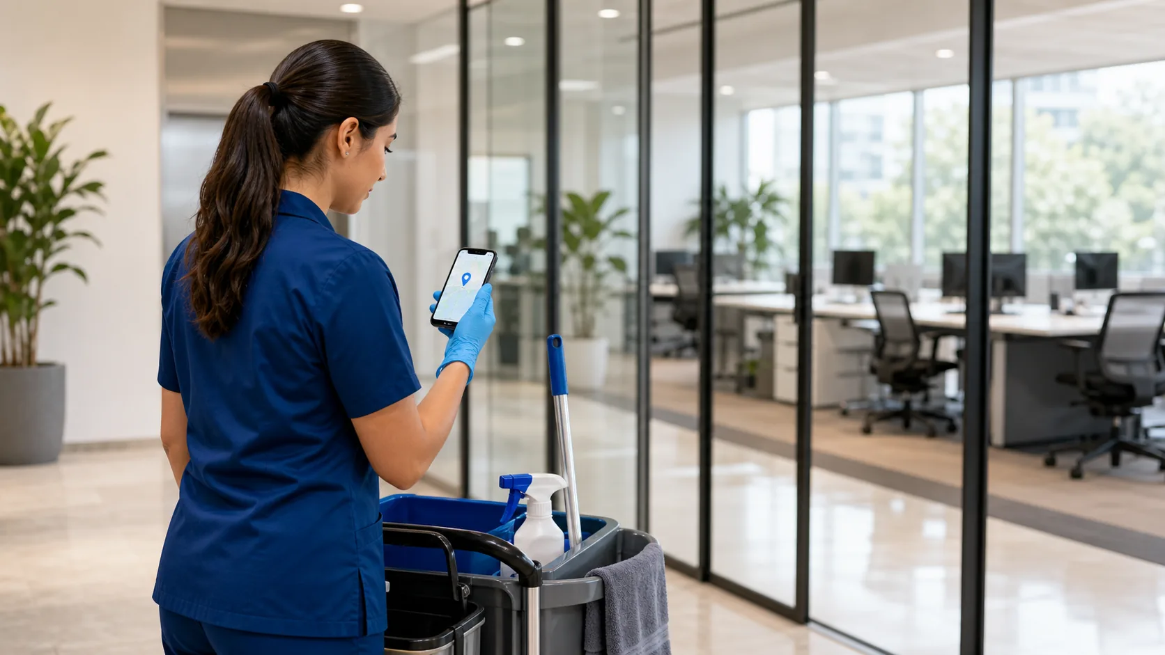 Trabajadora de limpieza fichando con ubicación en una oficina