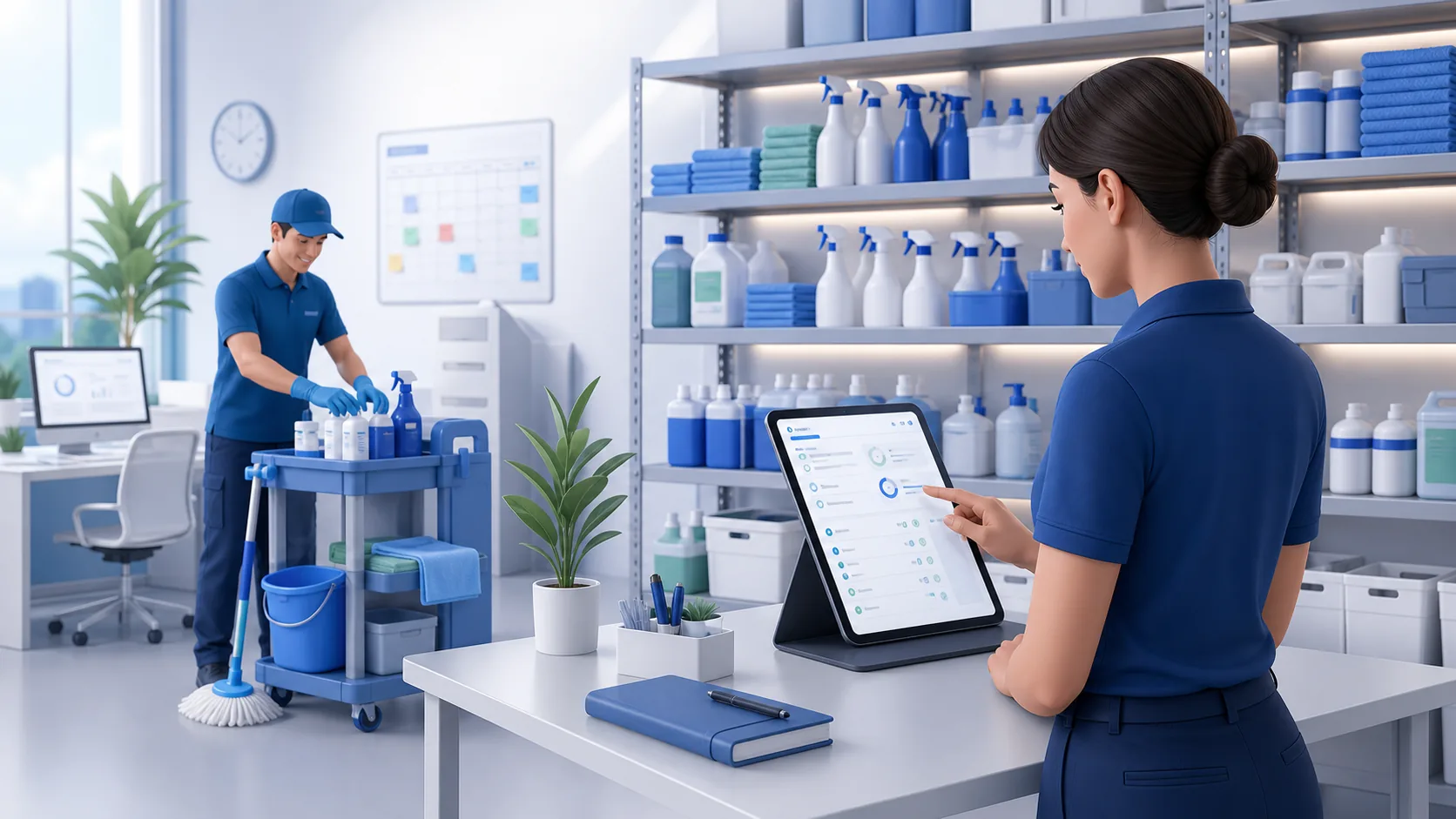 Responsable revisando materiales de limpieza y stock en una app