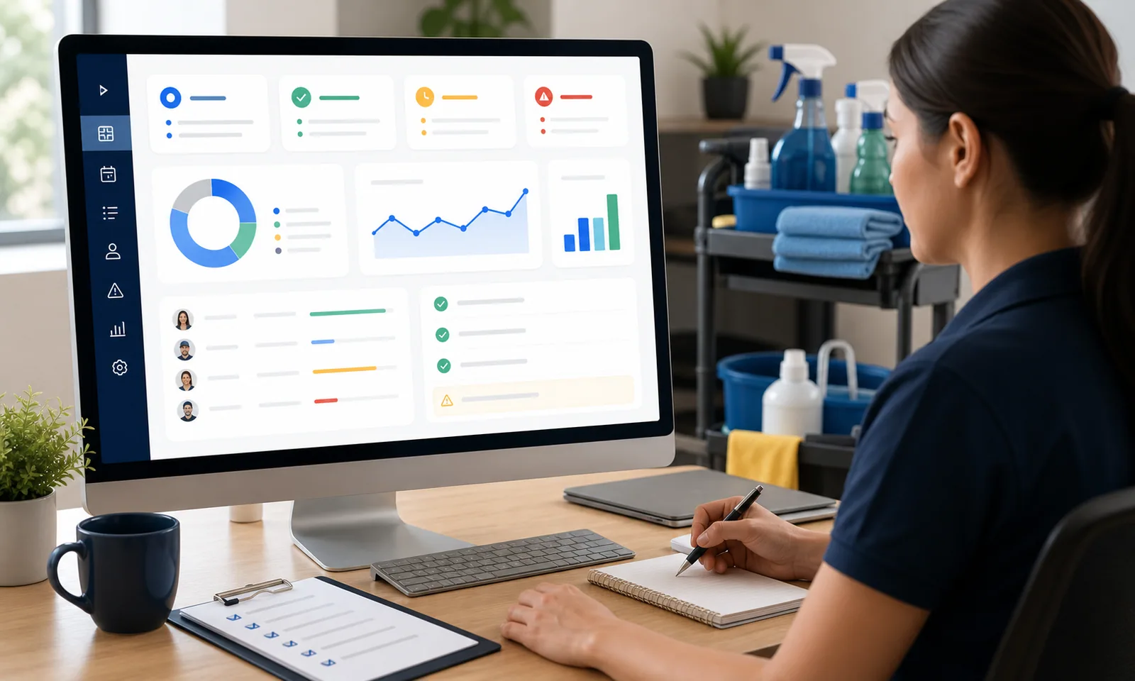 Responsable revisando rentabilidad y métricas de servicios de limpieza
