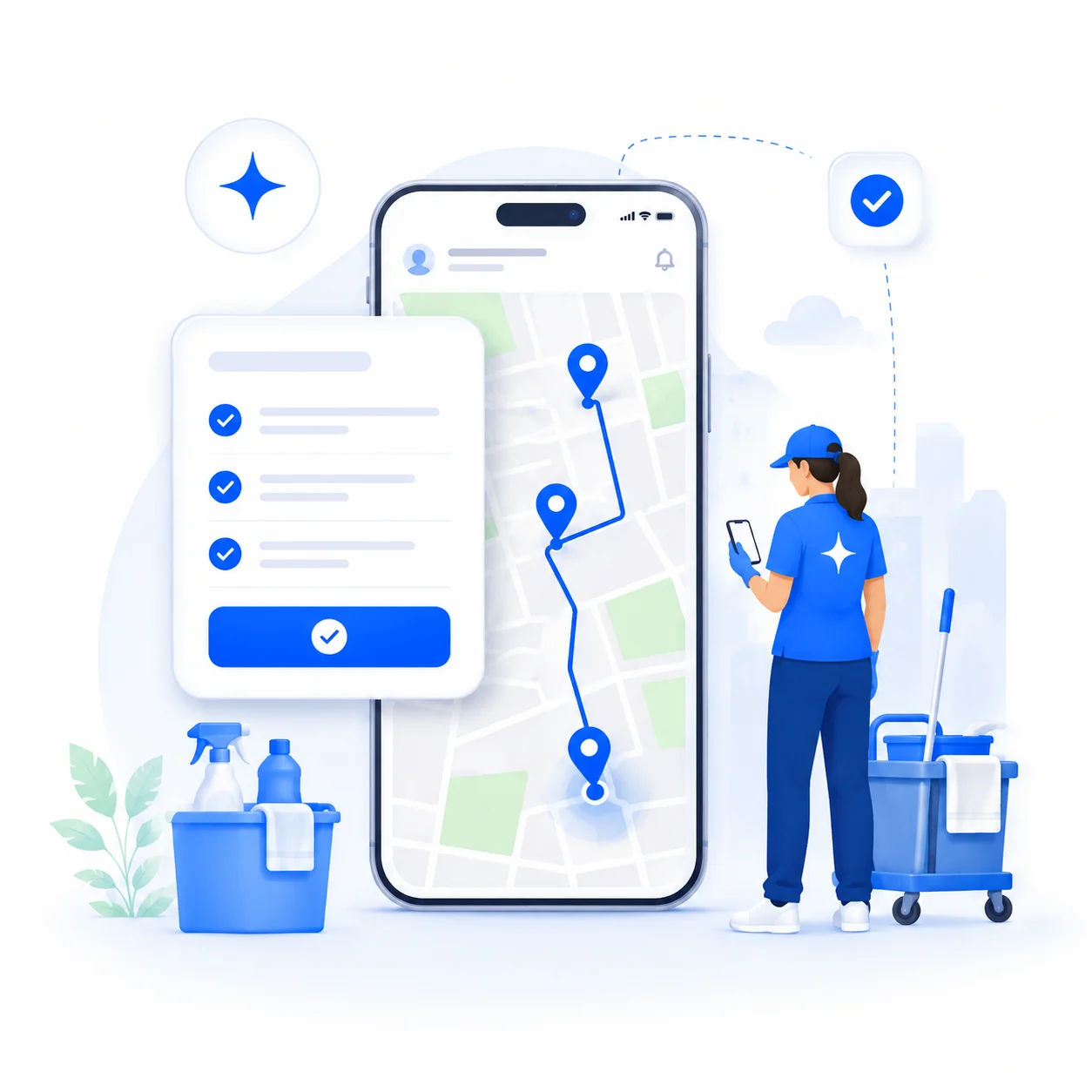 Trabajadora de limpieza usando móvil con mapa y checklist