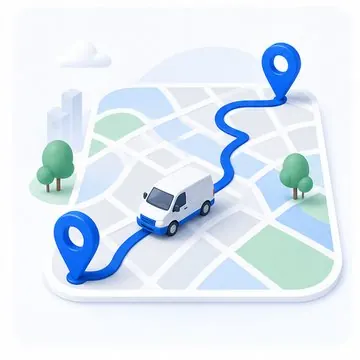 Ruta optimizada en mapa con furgoneta y marcadores