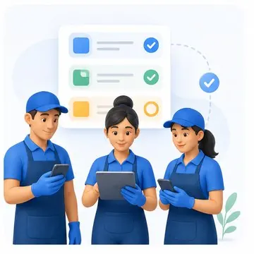 Equipo de limpieza coordinado con móvil y tablet